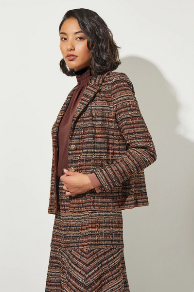 Ming Wang Three Button Tweed Jacket - Chestnut/Black/Multicolor