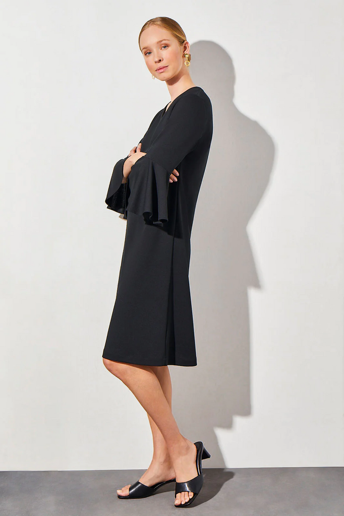 Ming Wang V-Neck Bell Sleeve Crepe de Chine Dress - Black