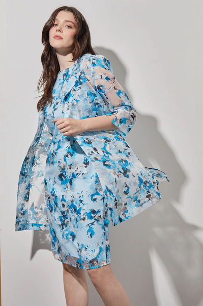 Ming Wang 3/4 Sleeve Open Front Floral Burnout Jacket - Blue/Multicolor