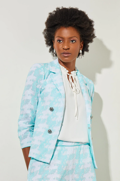 Ming Wang Lapel Collar Houndstooth Jacket - Oceanfront Blue/White