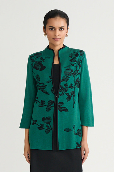 Ming Wang Floral Jacquard Knit Jacket - Green/Black