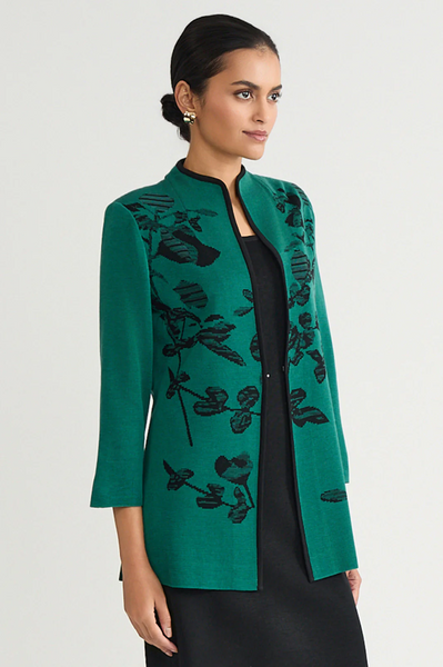 Ming Wang Floral Jacquard Knit Jacket - Green/Black