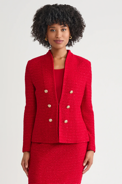 Ming Wang Tailored Tonal Eyelash Tweed Knit Jacket - Holiday Red