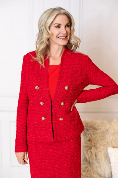 Ming Wang Tailored Tonal Eyelash Tweed Knit Jacket - Holiday Red