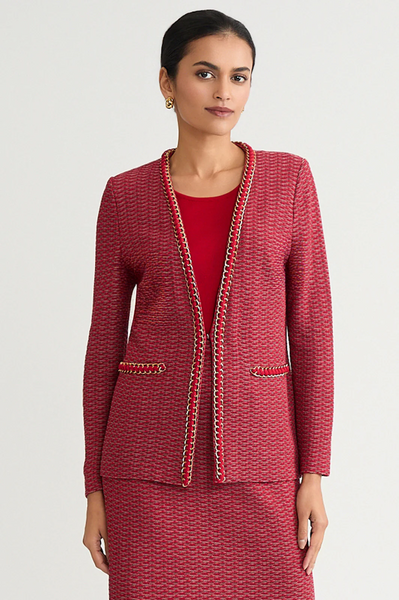 Ming Wang Heritage Whipstitch Chain Trim Knit Jacket - Holiday Red/Multicolor