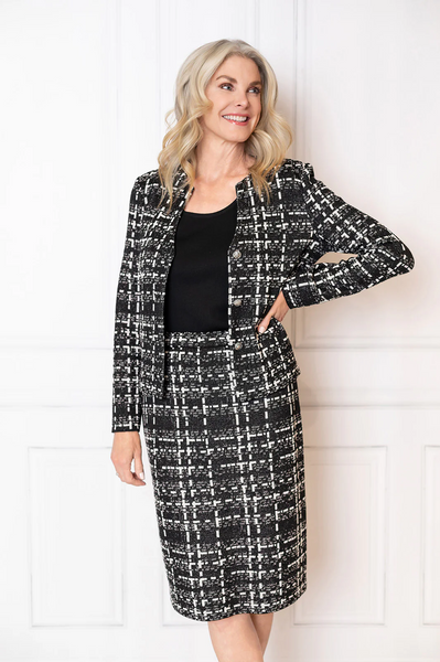 Ming Wang Heritage Checkered Jacquard Knit Jacket - Black/Ivory