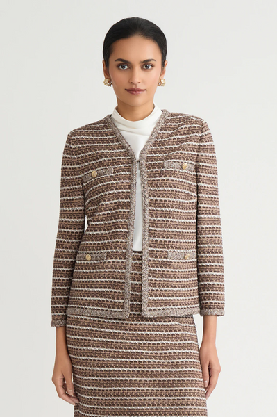 Ming Wang Basket Weave Braided Trim Jacket - Brown/Black/Multicolor