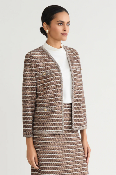 Ming Wang Basket Weave Braided Trim Jacket - Brown/Black/Multicolor