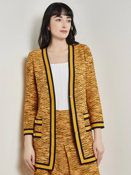 Misook Contrast Trim Tweed Knit Jacket - Ochre/Black/Multicolor