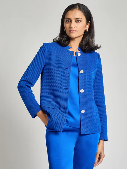 Misook Long Sleeve Tonal Ottoman Knit Jacket - Aegean Blue