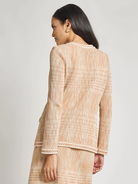 Misook Long Sleeve Mélange Whipstitch Detail Knit Jacket - Baked Clay/Biscotti/Aquatic