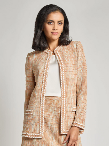 Misook Long Sleeve Mélange Whipstitch Detail Knit Jacket - Baked Clay/Biscotti/Aquatic