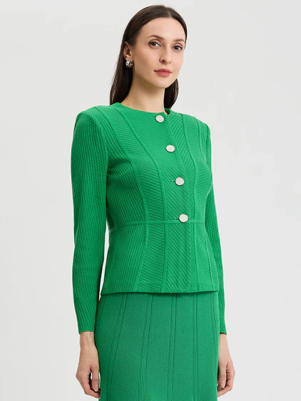 Misook Tailored Tonal Button Front Closure Knit Jacket - Clover Field