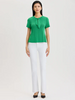 Image of Misook Faux Tie Neck Short Sleeve Pullover Knit Top - Clover Field