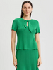 Image of Misook Faux Tie Neck Short Sleeve Pullover Knit Top - Clover Field