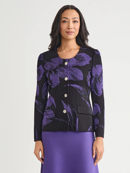 Misook Floral Jacquard knit Jacket - Concord Purple/Black