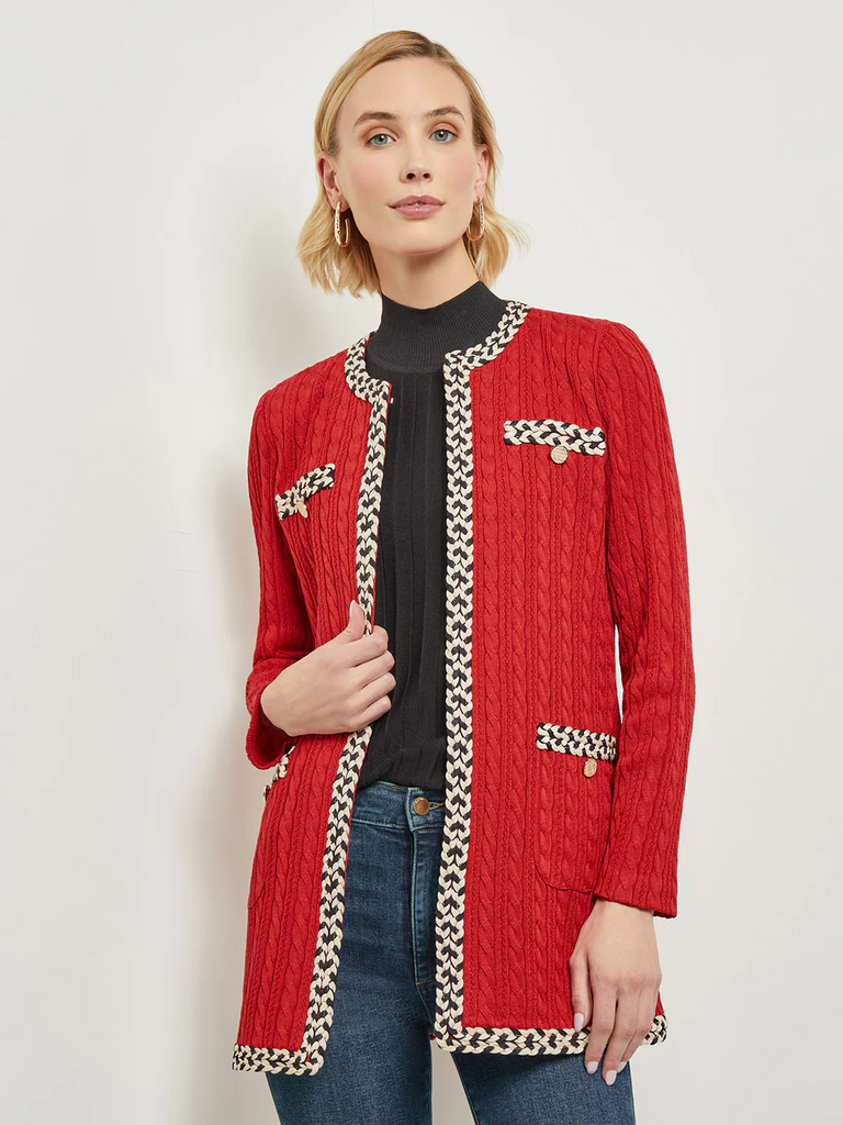 Misook Contrast Trim Cable Knit Jacket - Classic Red/Multicolor