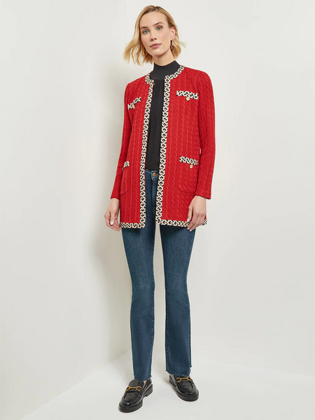 Misook Contrast Trim Cable Knit Jacket - Classic Red/Multicolor