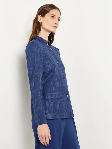 Misook Jacquard Knit Button Front Jacket - Oceanic Blue