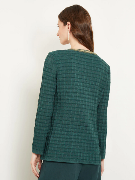 Misook Intarsia Knit Metallic Trim Jacket - Hunter Green