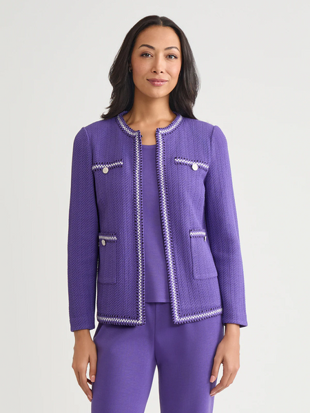 Misook Checkered Trim Knit Jacket - Concord Purple/Black/New Ivory