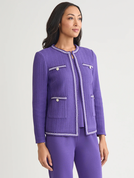 Misook Checkered Trim Knit Jacket - Concord Purple/Black/New Ivory