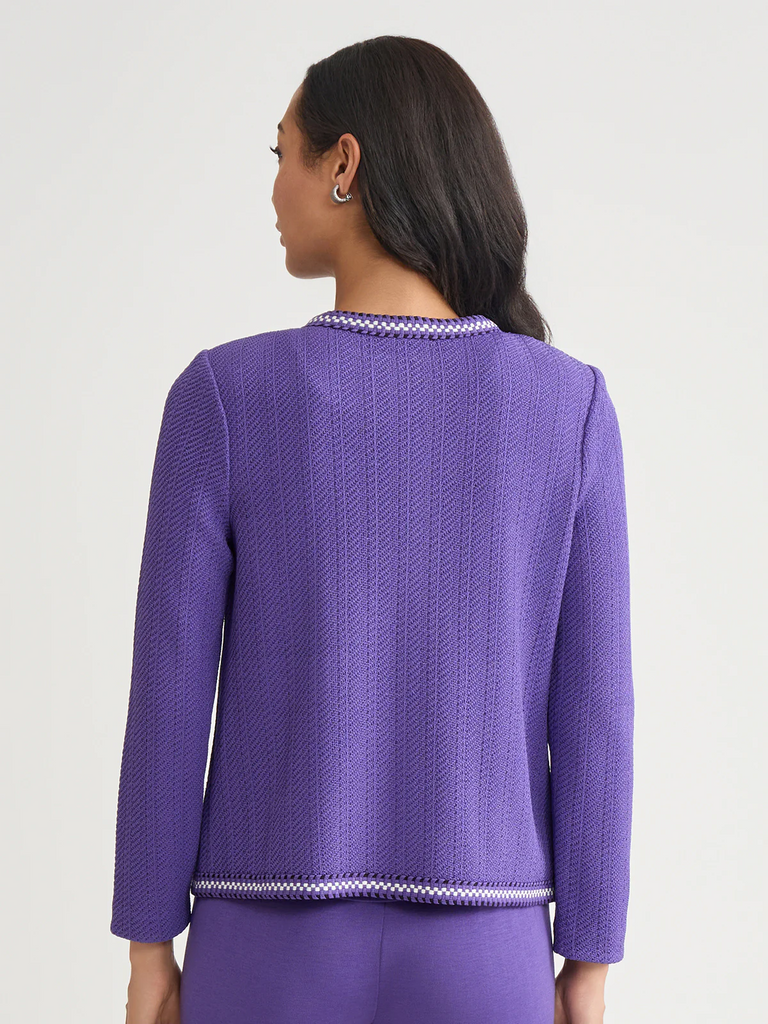Misook Checkered Trim Knit Jacket - Concord Purple/Black/New Ivory