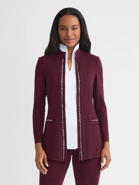 Misook Tailored Crochet Chain Trim Knit Jacket - Sangria