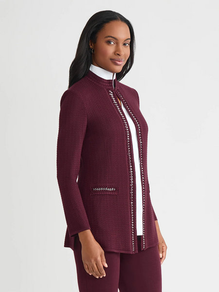 Misook Tailored Crochet Chain Trim Knit Jacket - Sangria