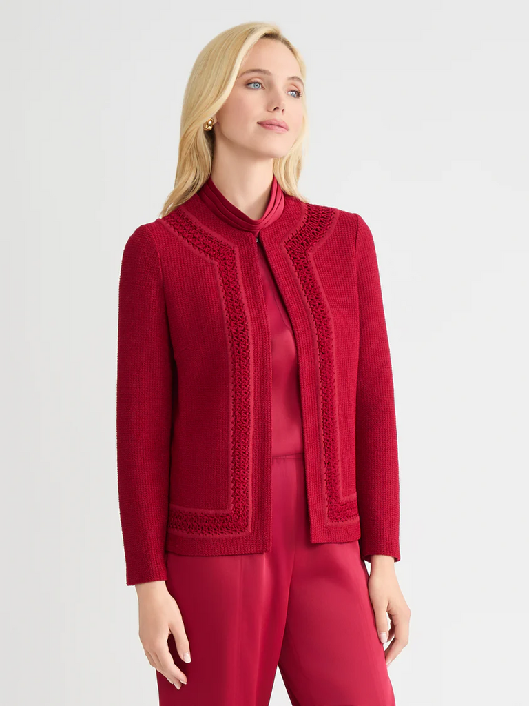 Misook Heritage Tonal Crochet Trim Knit Jacket - Scarlet Red