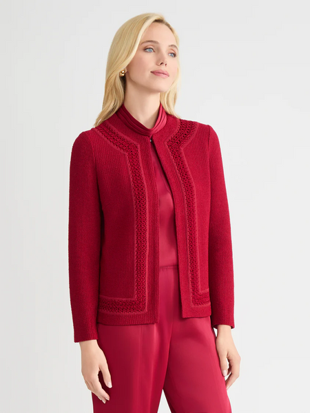 Misook Heritage Tonal Crochet Trim Knit Jacket - Scarlet Red