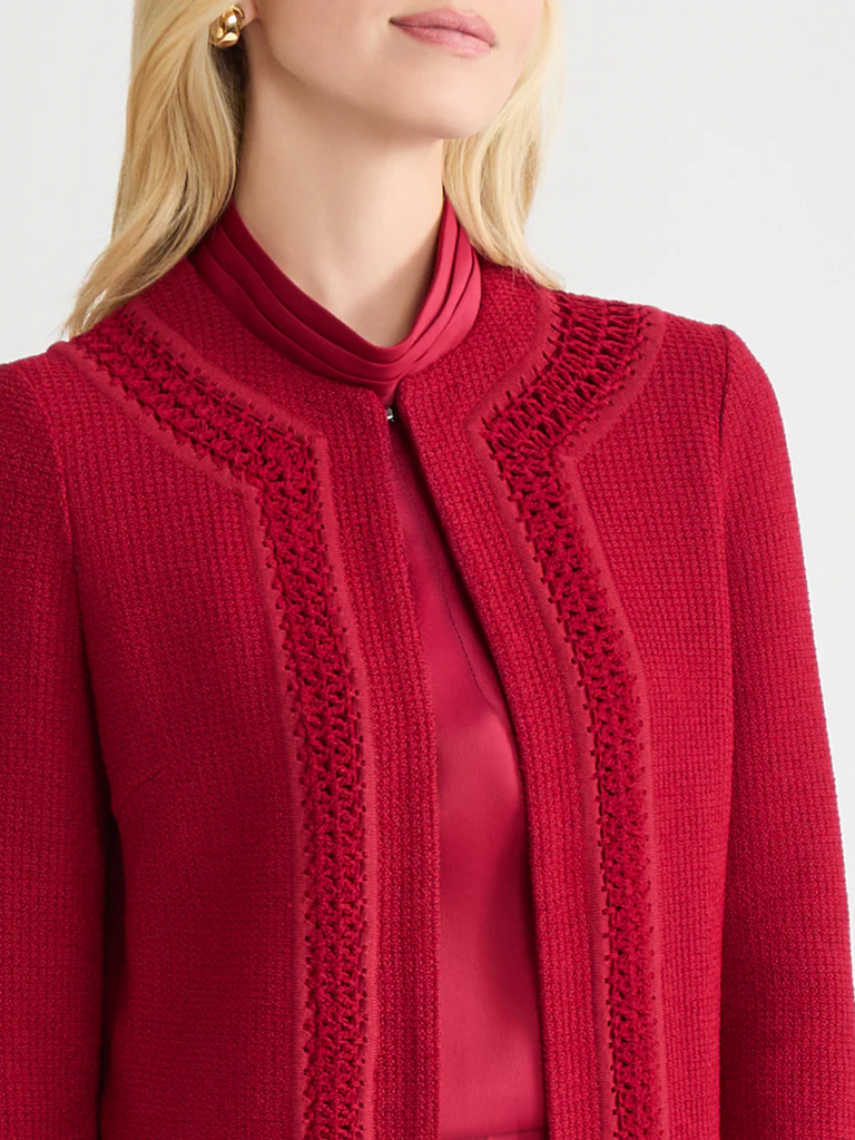Misook Heritage Tonal Crochet Trim Knit Jacket - Scarlet Red