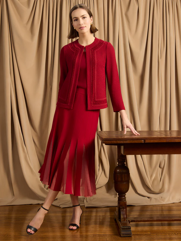 Misook Heritage Tonal Crochet Trim Knit Jacket - Scarlet Red