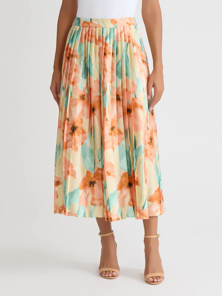 Misook Floral Pleated Crepe de Chine Maxi Skirt - Multicolor