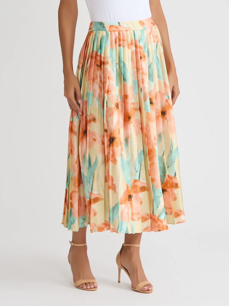 Misook Floral Pleated Crepe de Chine Maxi Skirt - Multicolor