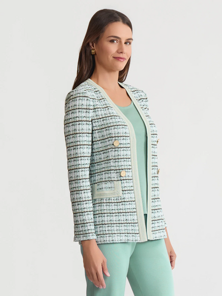 Misook Tailored Plaid Textured Knit Jacket - Mystic Green/Multicolor