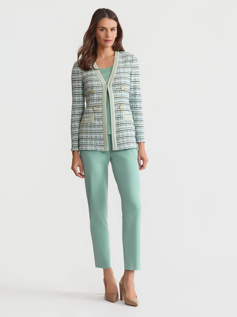Misook Tailored Plaid Textured Knit Jacket - Mystic Green/Multicolor
