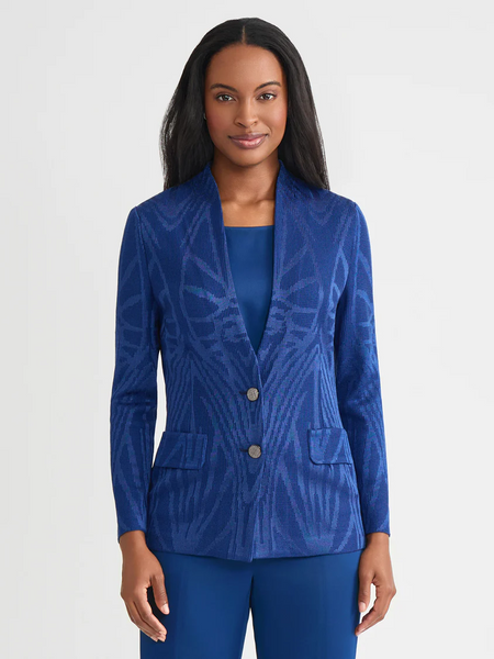 Misook Tailored Tonal Intarsia Pattern Knit Jacket - Lazuli Blue