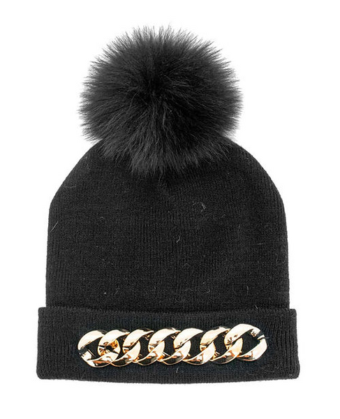 Rippe's Furs Chain Detail Knit Beanie with Fox Fur Pom - Black