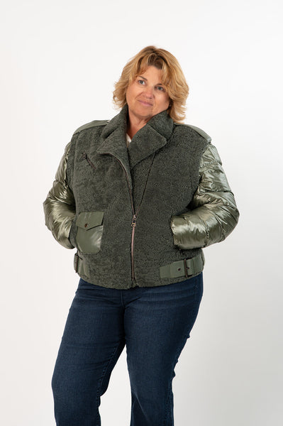 Rippe's Furs Metallic Curly Sheepskin Jacket with Detachable Sleeves - Khaki Green