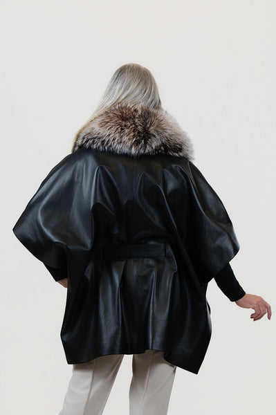 Rippe's Furs Belted Leather Poncho Jacket with Fox Fur Collar - Black/Brown