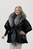 Image of Rippe's Furs Belted Leather Poncho Jacket with Fox Fur Collar - Black/Silver