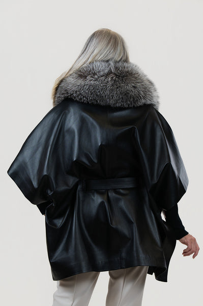 Rippe's Furs Belted Leather Poncho Jacket with Fox Fur Collar - Black/Silver