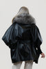 Image of Rippe's Furs Belted Leather Poncho Jacket with Fox Fur Collar - Black/Silver