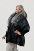 Image of Rippe's Furs Belted Leather Poncho Jacket with Fox Fur Collar - Black/Silver