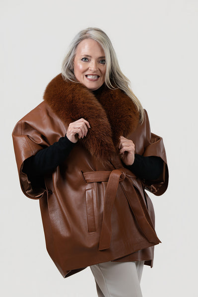 Rippe's Furs Belted Leather Poncho Jacket with Fox Fur Collar - Brown