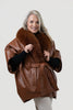 Image of Rippe's Furs Belted Leather Poncho Jacket with Fox Fur Collar - Brown