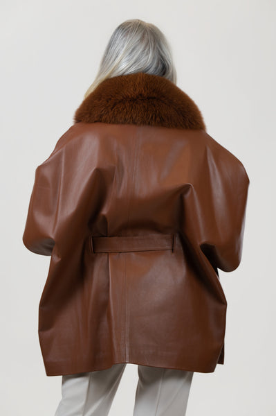 Rippe's Furs Belted Leather Poncho Jacket with Fox Fur Collar - Brown