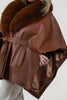 Image of Rippe's Furs Belted Leather Poncho Jacket with Fox Fur Collar - Brown