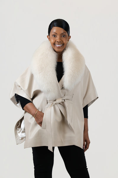 Rippe's Furs Belted Leather Poncho Jacket with Fox Fur Collar - Pearl